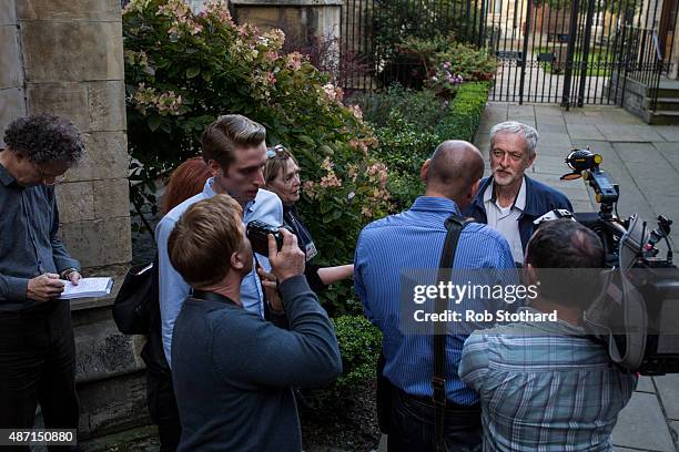 Jeremy Corbyn, MP for Islington North and candidate in the Labour Party leadership election, speaks to journalists on September 6, 2015 in Cambridge,...