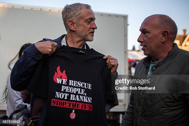 Jeremy Corbyn, MP for Islington North and candidate in the Labour Party leadership election, is greeted by supporters on September 6, 2015 in...