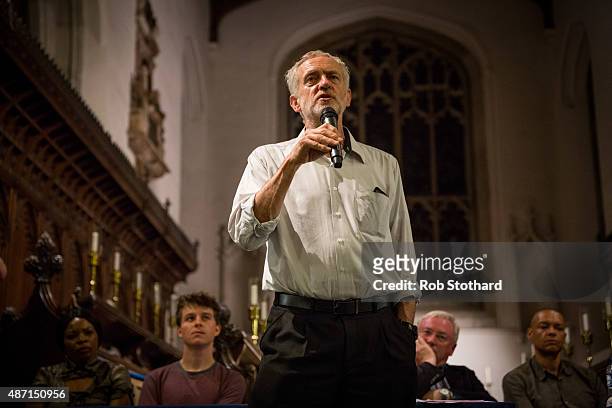 Jeremy Corbyn, MP for Islington North and candidate in the Labour Party leadership election, speaks to supporters at Great St Mary's church on...