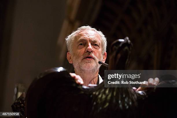 Jeremy Corbyn, MP for Islington North and candidate in the Labour Party leadership election, speaks to supporters at Great St Mary's church on...