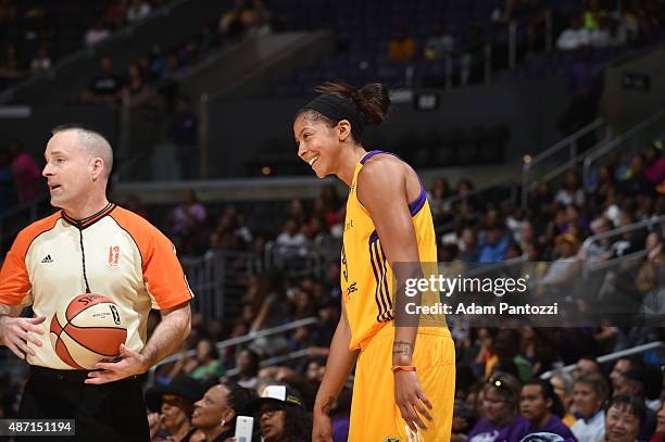 Candace Parker of the Los Angeles Sparks stands on the court during a game against the Tulsa Shock on September 6, 2015 in Los Angeles, California....