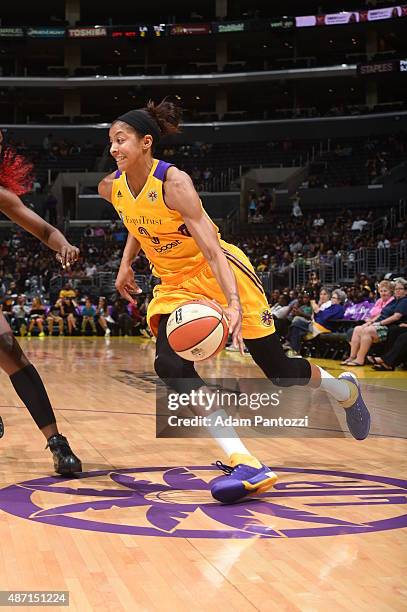 Candace Parker of the Los Angeles Sparks drives to the basket against the Tulsa Shock on September 6, 2015 in Los Angeles, California. NOTE TO USER:...