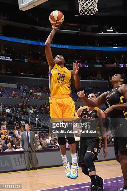 Nneka Ogwumike of the Los Angeles Sparks shoots the ball against the Tulsa Shock on September 6, 2015 in Los Angeles, California. NOTE TO USER: User...