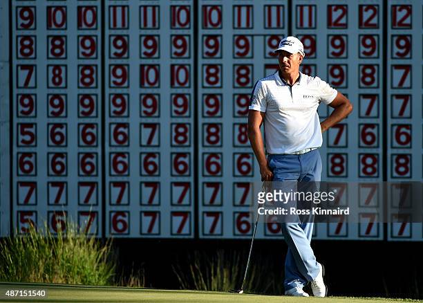Henrik Stenson of Sweden stands on the 18th green during round three of the Deutsche Bank Championship at TPC Boston on September 6, 2015 in Norton,...