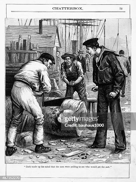two men sawing a log victorian engraving - man shed stock illustrations
