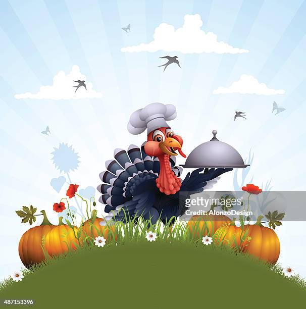 ilustraciones, imágenes clip art, dibujos animados e iconos de stock de el chef turquía - funny thanksgiving turkey