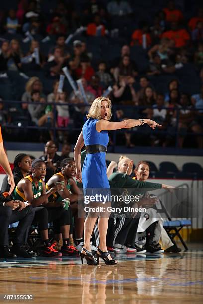 Head coach Jenny Boucek of the Seattle Storm instructs her team during a game against the Chicago Sky on September 6, 2015 at Allstate Arena in...