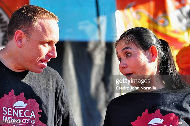 Competetive eaters Joey Chestnut and Sonya Thomas compete in the national chicken wing eating contest on September 6, 2015 in Buffalo, New York.The...