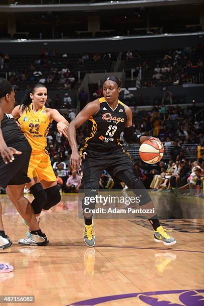 Karima Christmas of the Tulsa Shock handles the ball against Ana Dabovic of the Los Angeles Sparks on September 6, 2015 in Los Angeles, California....