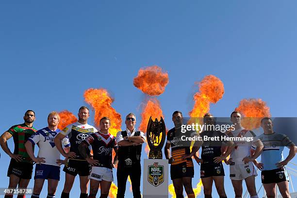 Team captains of the NRL finalist teams pose for a photo Jimmy Barnes during the 2015 NRL Finals series launch at Sydney Cricket Ground on September...