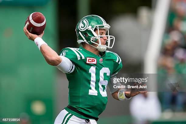 Brett Smith of the Saskatchewan Roughriders throws a pass in the game between the Winnipeg Blue Bombers and Saskatchewan Roughriders in week 11 of...