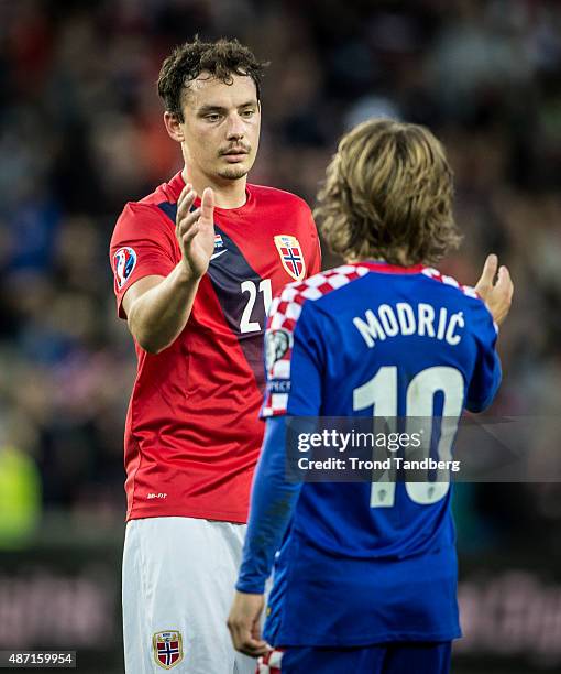 September 06: Luca Modric of Croatia during handshake with Vegard Forren of Norway after match EURO 2016 Qualifier between Norway and Croatia at the...