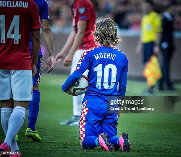 September 06: Luca Modric of Croatia during the EURO 2016 Qualifier between Norway and Croatia at the Ullevaal Stadion on September 06, 2015 in Oslo,...