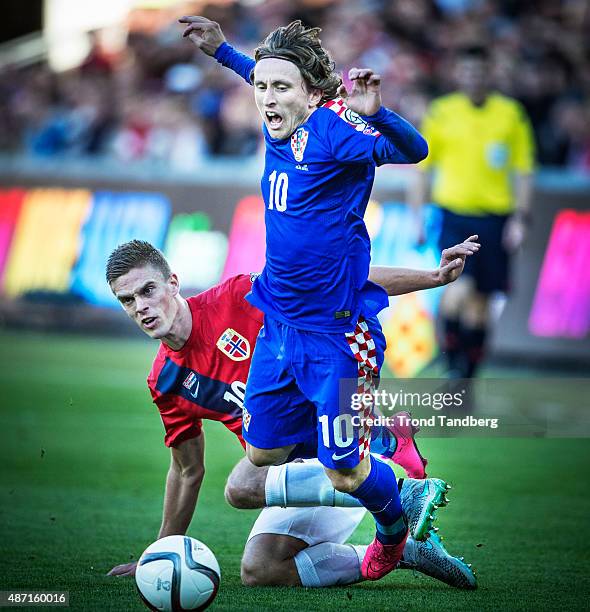 September 06: Luca Modric of Croatia , Markus Henriksen of Norway during the EURO 2016 Qualifier between Norway and Croatia at the Ullevaal Stadion...