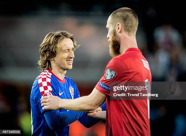 September 06: Luca Modric of Croatia during handshake with Jo Inge Berget of Norway after match EURO 2016 Qualifier between Norway and Croatia at the...