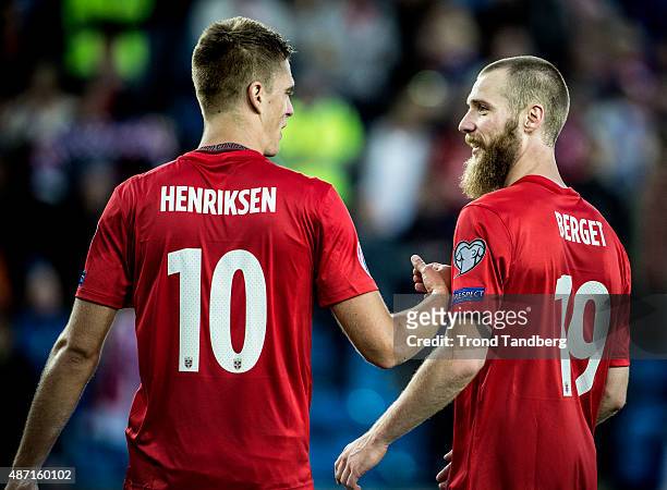 September 06: Markus Henriksen, Jo Inge Berget of Norway during the EURO 2016 Qualifier between Norway and Croatia at the Ullevaal Stadion on...