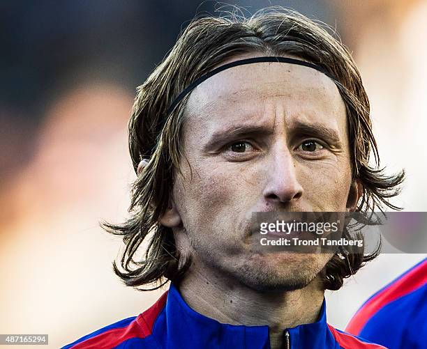 September 06: Luca Modric of Croatia during the EURO 2016 Qualifier between Norway and Croatia at the Ullevaal Stadion on September 06, 2015 in Oslo,...