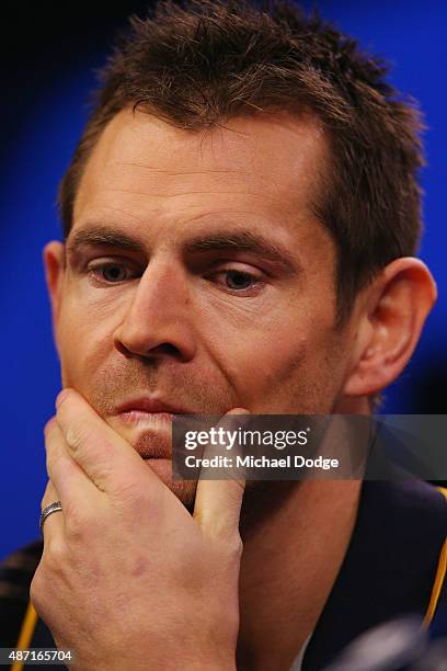 Hawthorn Hawks Captain Luke Hodge, caught drink driving last week by police, reacts when speaking to the media during the AFL Finals Series Launch...