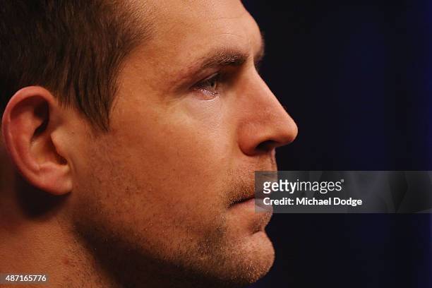 Hawthorn Hawks Captain Luke Hodge, caught drink driving last week by police, speaks to the media during the AFL Finals Series Launch press conference...