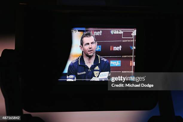 Hawthorn Hawks Captain Luke Hodge, caught drink driving last week by police, speaks to the media during the AFL Finals Series Launch press conference...