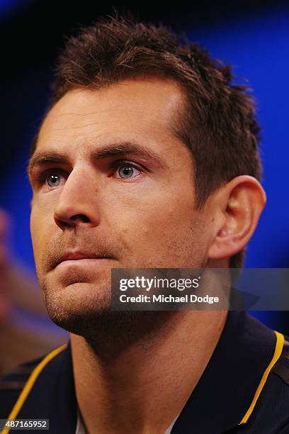 Hawthorn Hawks Captain Luke Hodge, caught drink driving last week by police, speaks to the media during the AFL Finals Series Launch press conference...