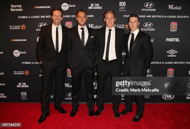 Brisbane Roar coach Mike Mulvey and players Ivan Franjic, Matt Smith and Matthew McKay arrive at the FFA A-League & W-League Awards Night at Royal...