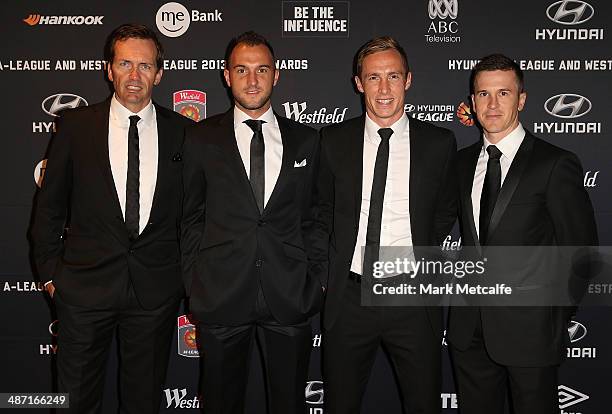 Brisbane Roar coach Mike Mulvey and players Ivan Franjic, Matt Smith and Matthew McKay arrive at the FFA A-League & W-League Awards Night at Royal...