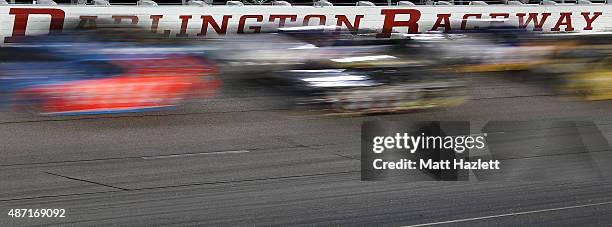 View of cars racing during the NASCAR Sprint Cup Series Bojangles' Southern 500 at Darlington Raceway on September 6, 2015 in Darlington, South...