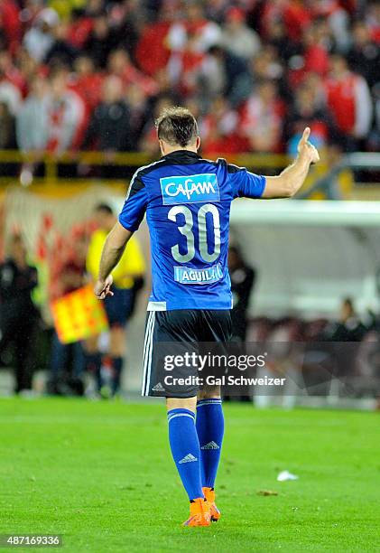 Federico Insua of Millonarios celebrates after scoring the first goal of his team during a match between Santa Fe and Millonarios as part of 10th...