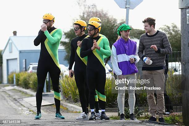 Players arrive in fancy dress ahead of Geelong Cats AFL post-season celebrations at the Lord of the Isles Hotel on September 7, 2015 in Geelong,...