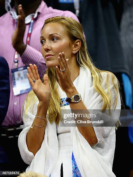 Jelena Djokovic wife of Novak Djokovic of Serbia after his four set victory against Roberto Bautista Agut of Spain in their mens singles fourth round...