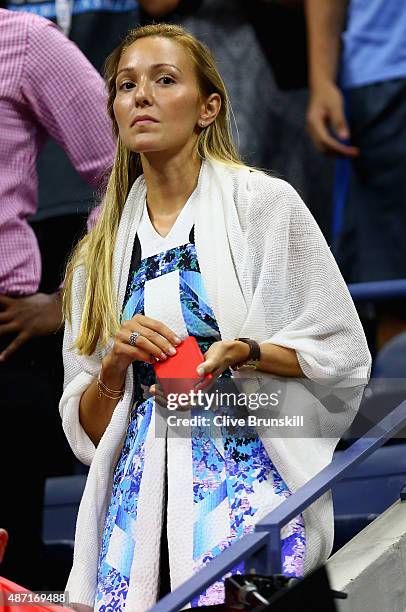 Jelena Djokovic wife of Novak Djokovic of Serbia after his four set victory against Roberto Bautista Agut of Spain in their mens singles fourth round...