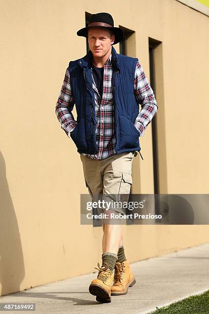 Josh Caddy arrives ahead of Geelong Cats AFL post-season celebrations at the Lord of the Isles Hotel on September 7, 2015 in Geelong, Australia.