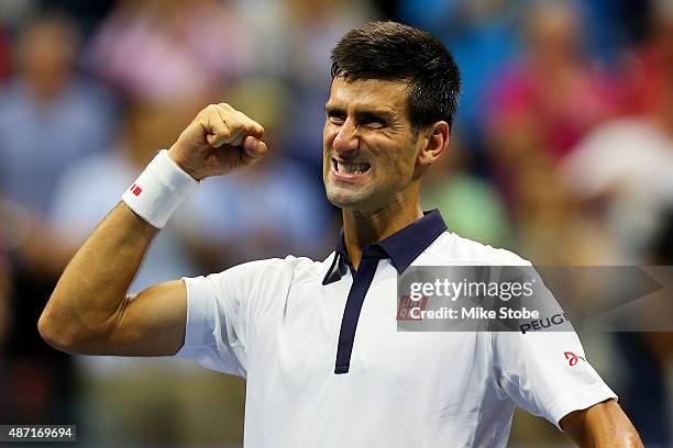 Novak Djokovic of Serbia celebrates after his victory against Roberto Bautista Agut of Spain during their Men's Single Fourth Round Match on Day...