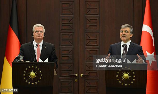 Turkish President Abdullah Gul and his German counterpart Joachim Gauck attend a joint press conference following their meeting at the Cankaya...