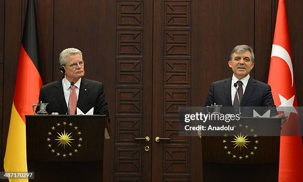 Turkish President Abdullah Gul and his German counterpart Joachim Gauck attend a joint press conference following their meeting at the Cankaya...