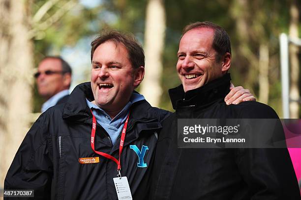 Chief Executive of Welcome to Yorkshire Gary Verity shares a joke with Tour de France race Director Christian Prudhomme at the start of stage two of...