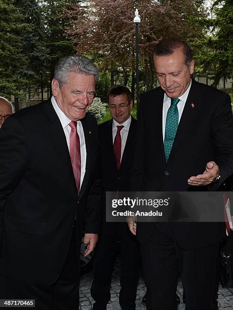 German President Joachim Gauck is welcomed by Turkish Prime Minister Recep Tayyip Erdogan ahead of a meeting at the Turkish PMs official residence on...