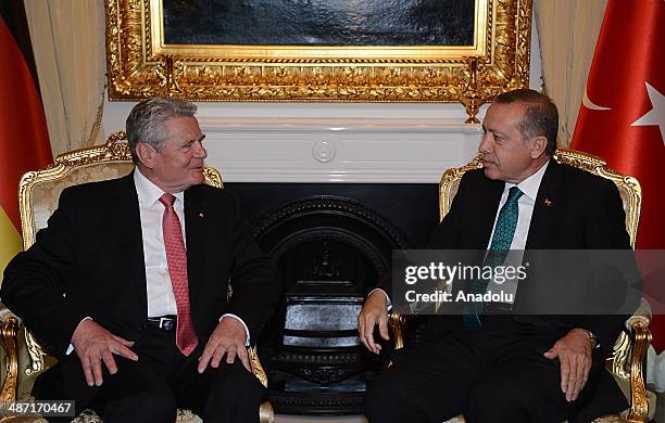 German President Joachim Gauck meets with Turkish Prime Minister Recep Tayyip Erdogan at the Turkish PMs official residence on April 28, 2014 in...