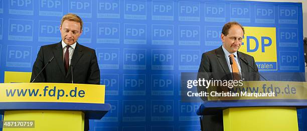 Chairman of German Free Democratic Party Christian Lindner attends a press conference with top candidate of Free Democratic Party for the European...