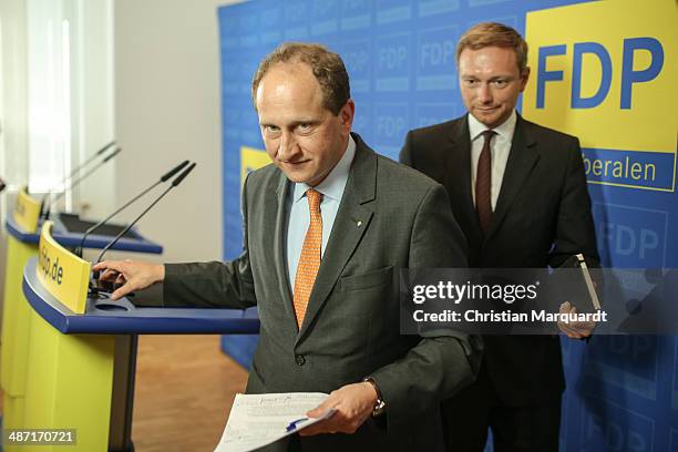 Chairman of German Free Democratic Party Christian Lindner attends a press conference with top candidate of Free Democratic Party for the European...