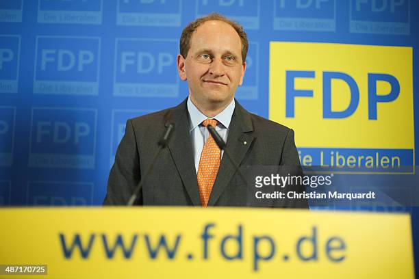 Top candidate of Free Democratic Party for the European Parliament, Count Alexander Lambsdorff attends a press conference with Chairman of German...