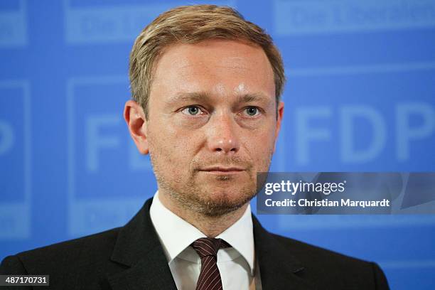 Chairman of German Free Democratic Party Christian Lindner attends a press conference with top candidate of Free Democratic Party for the European...