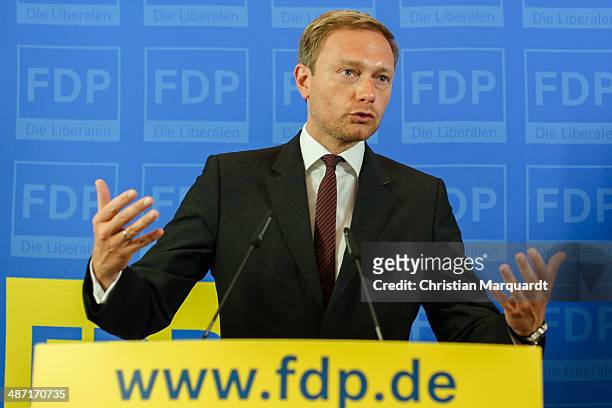 Chairman of German Free Democratic Party Christian Lindner attends a press conference with top candidate of Free Democratic Party for the European...