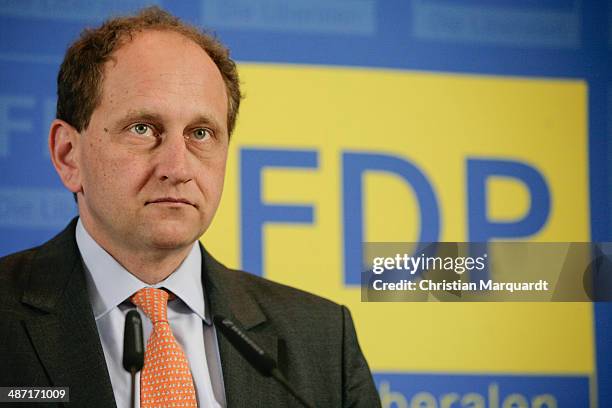 Top candidate of Free Democratic Party for the European Parliament, Count Alexander Lambsdorff attends a press conference with Chairman of German...