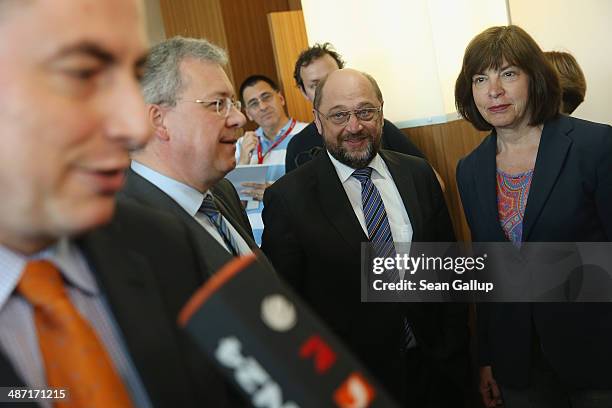 Lead candidates David McAllister of the German Christian Democrats , Markus Ferber of the Bavarian Christian Democrats , Martin Schulz of the German...