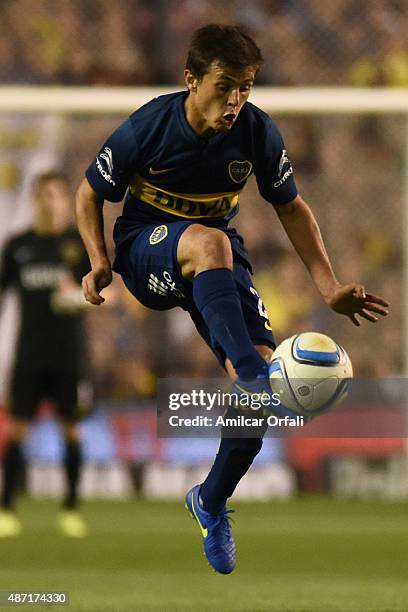 Andres Cubas of Boca Juniors controls the ball during a match between Boca Juniors and San Lorenzo as part of 23rd round of Torneo Primera Division...