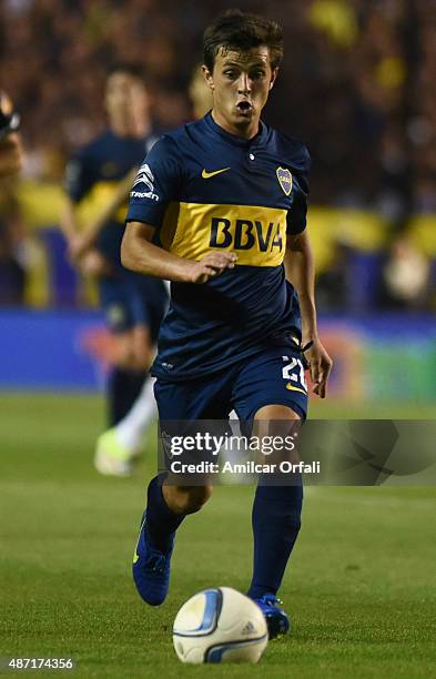 Andres Cubas of Boca Juniors drives the ball during a match between Boca Juniors and San Lorenzo as part of 23rd round of Torneo Primera Division...