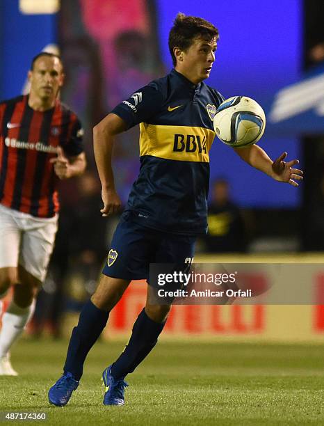 Andres Cubas of Boca Juniors controls the ball during a match between Boca Juniors and San Lorenzo as part of 23rd round of Torneo Primera Division...