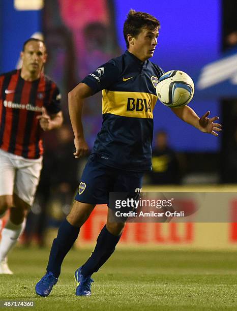Andres Cubas of Boca Juniors controls the ball during a match between Boca Juniors and San Lorenzo as part of 23rd round of Torneo Primera Division...
